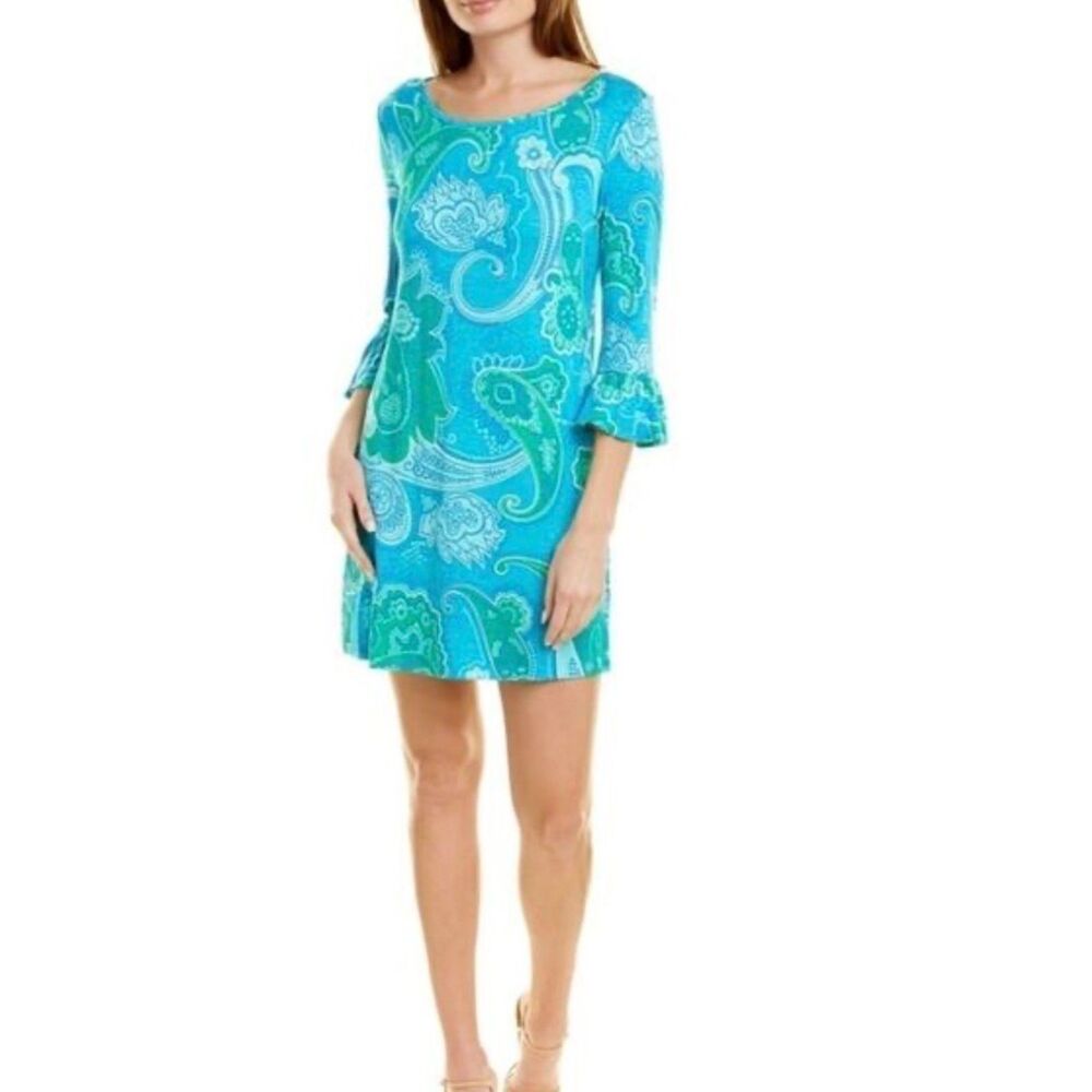Tori Richard Honolulu XXS Blue Green Paisley Tunic Dress Bell Sleeve Stretch